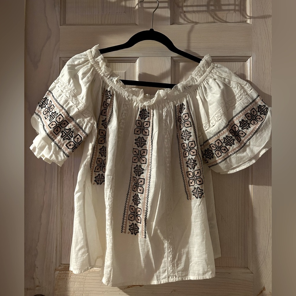LoveShackFancy White Off-Shoulder Peasant Top with Black and Tan Embroidery